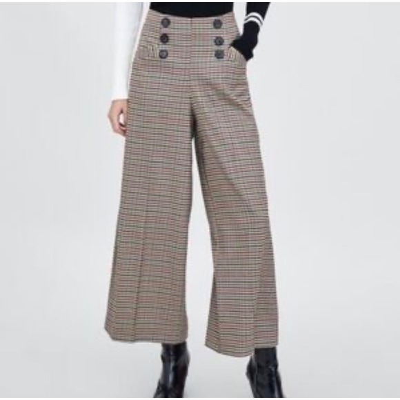 Zara Pants - Zara Plaid Wide Leg Trousers Womens XS Brown High Waist Button Detail Check